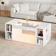 High Gloss White Coffee Table – LED Centre Table with Glass Top and Open Storage – Abrihome UK