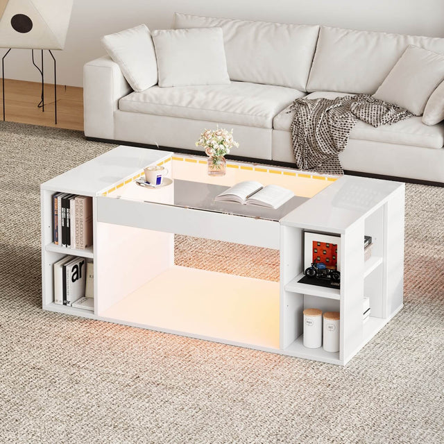 High Gloss White Coffee Table – LED Centre Table with Glass Top and Open Storage – Abrihome UK
