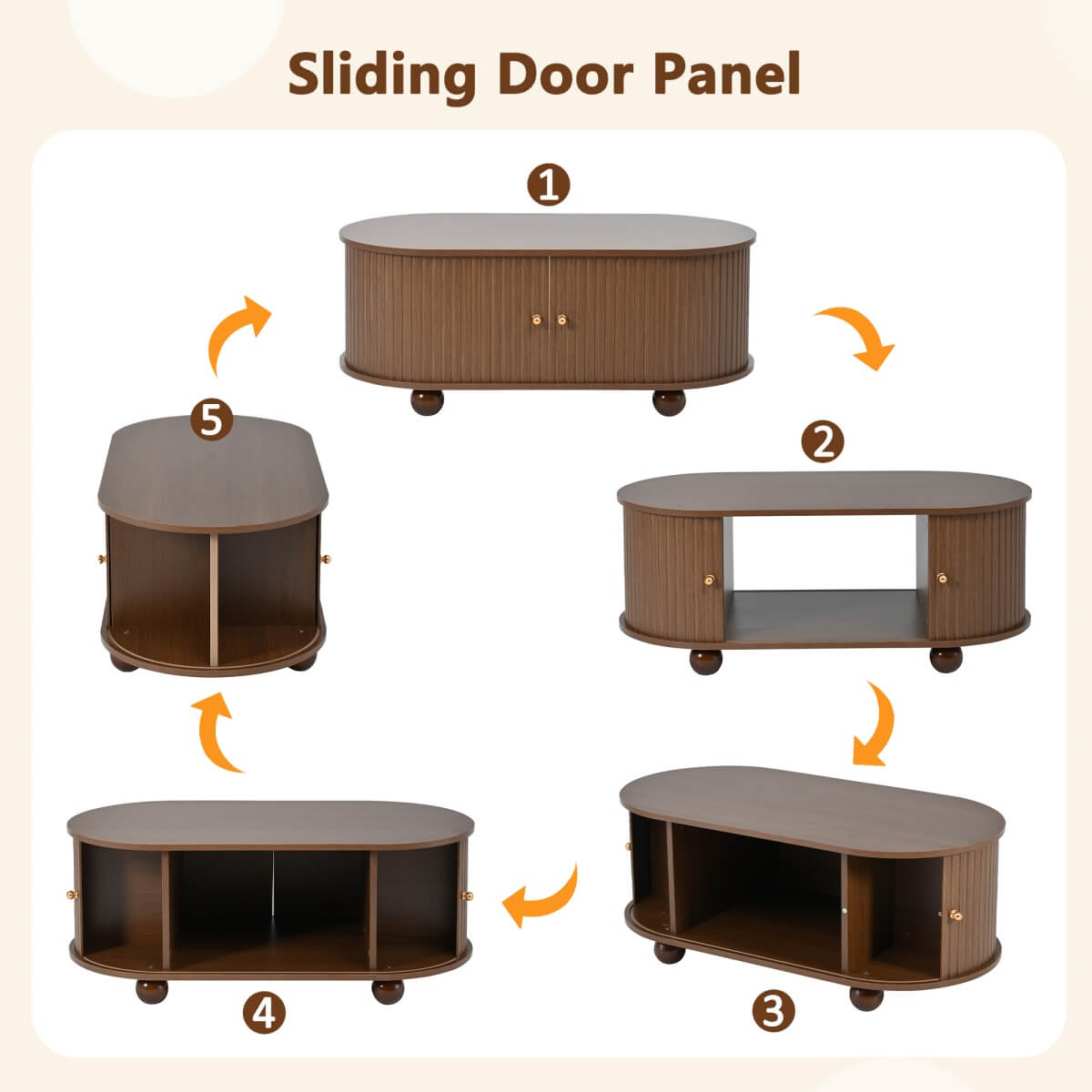 Oval Coffee Table – Oak MDF with 2 Sliding Doors, Hidden Storage Compartment