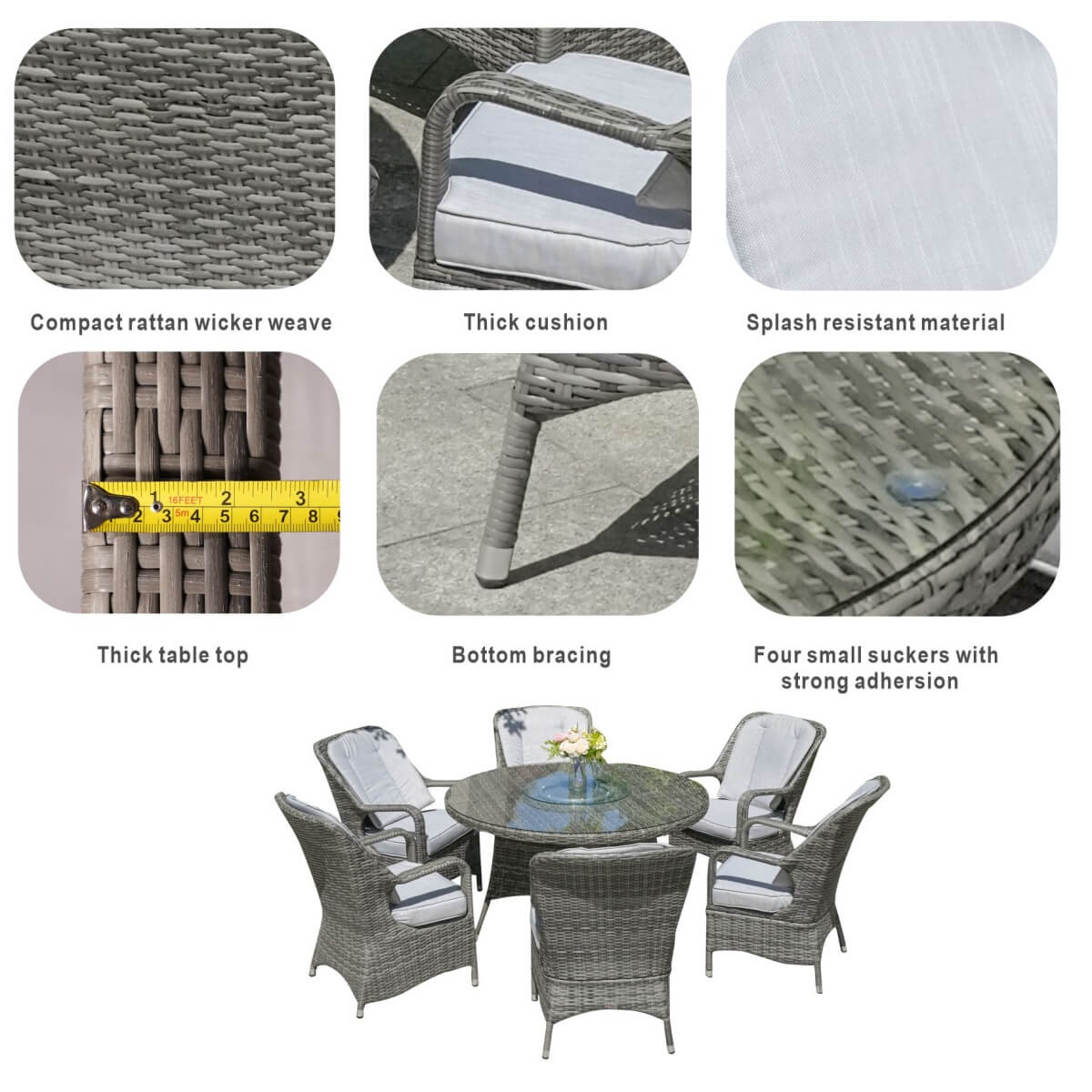 6 Seater Outdoor Rattan Dining Set - Round Table with Tempered Glass Top, Lazy Susan & Parasol Hole