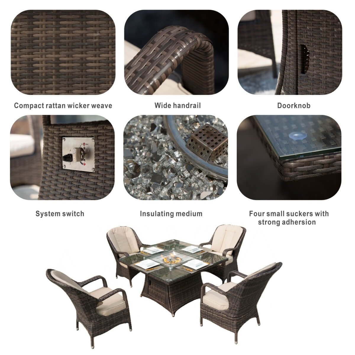4-Seater Rattan Fire Pit Table Set - Square Gas Fire Pit Table with Wind Guard & Tempered Glass, Brown