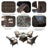 4-Seater Rattan Fire Pit Table Set - Square Gas Fire Pit Table with Wind Guard & Tempered Glass, Brown