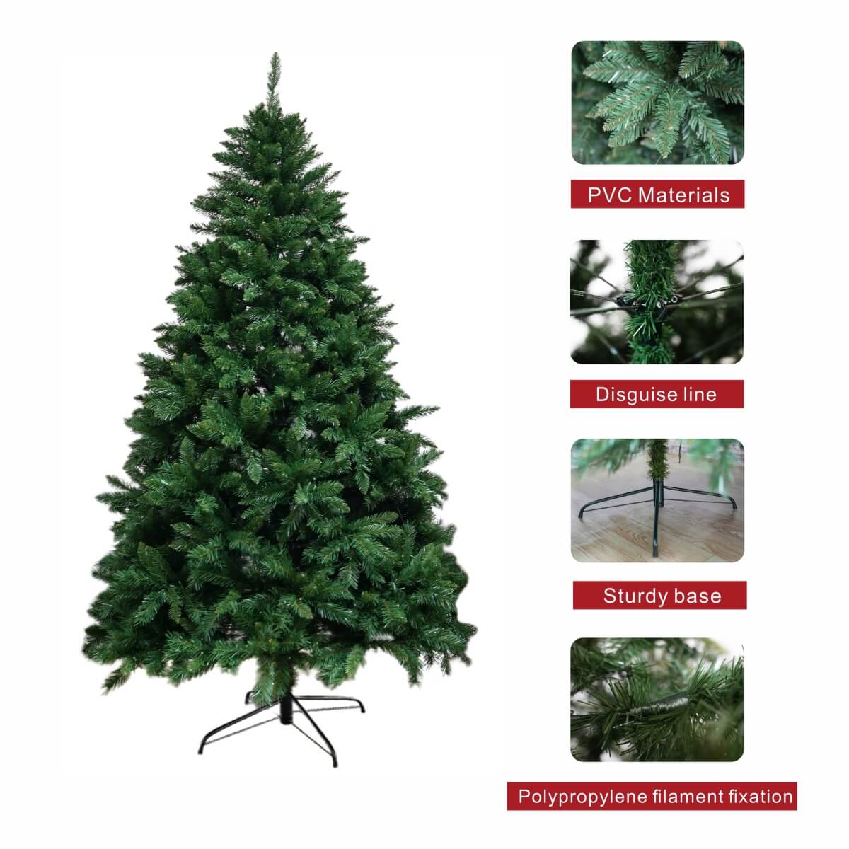 Realistic Full Green Artificial Christmas Tree - Lush PVC Xmas Tree for Indoor Home & Festive Decoration, 5ft/6ft/7ft