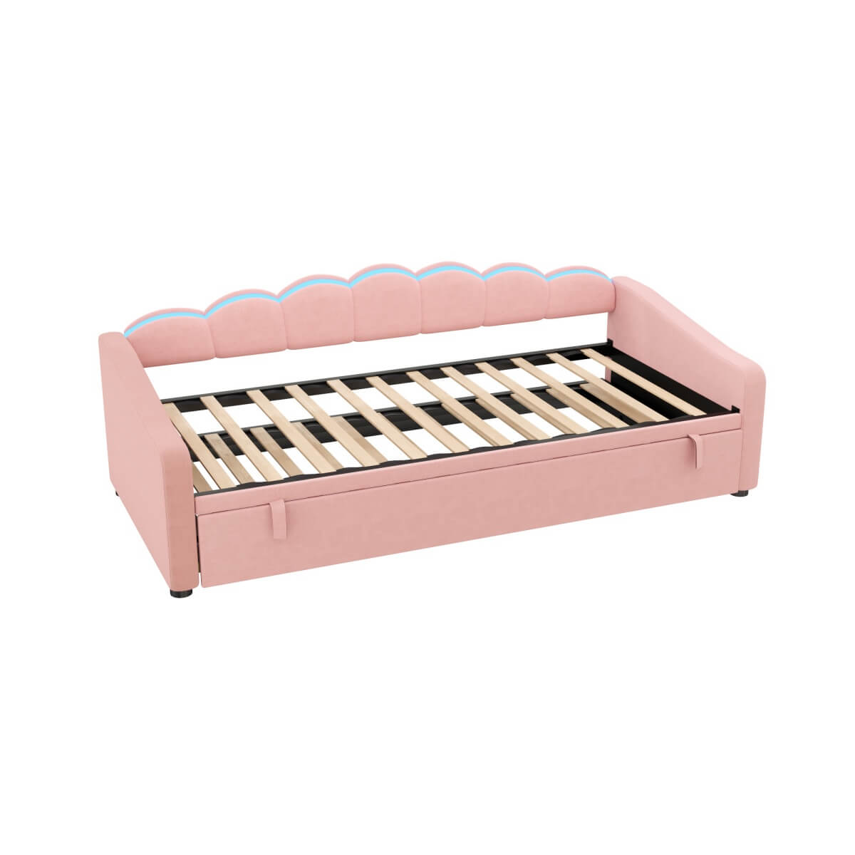 3ft Single Velvet Daybed with Pull-Out Trundle Bed - Petal-Shaped Upholstered Bed Frame with RGB LED Lights, Pink