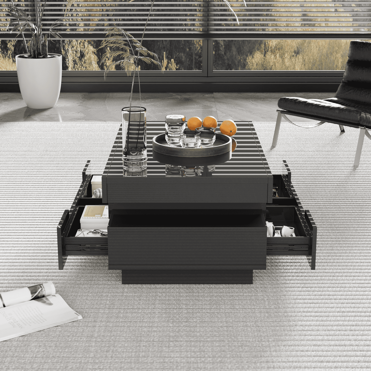 Coffee Table, High-Gloss, LED Light, Four Drawers, Large Storage, White