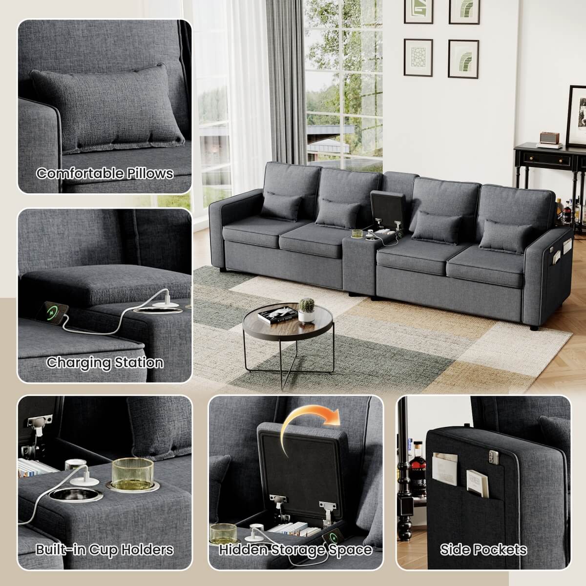 4-Seater Modern Sofa - Grey Linen, Storage Console, Cup Holders & USB/Type-C Charging