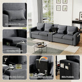 4-Seater Modern Sofa - Grey Linen, Storage Console, Cup Holders & USB/Type-C Charging