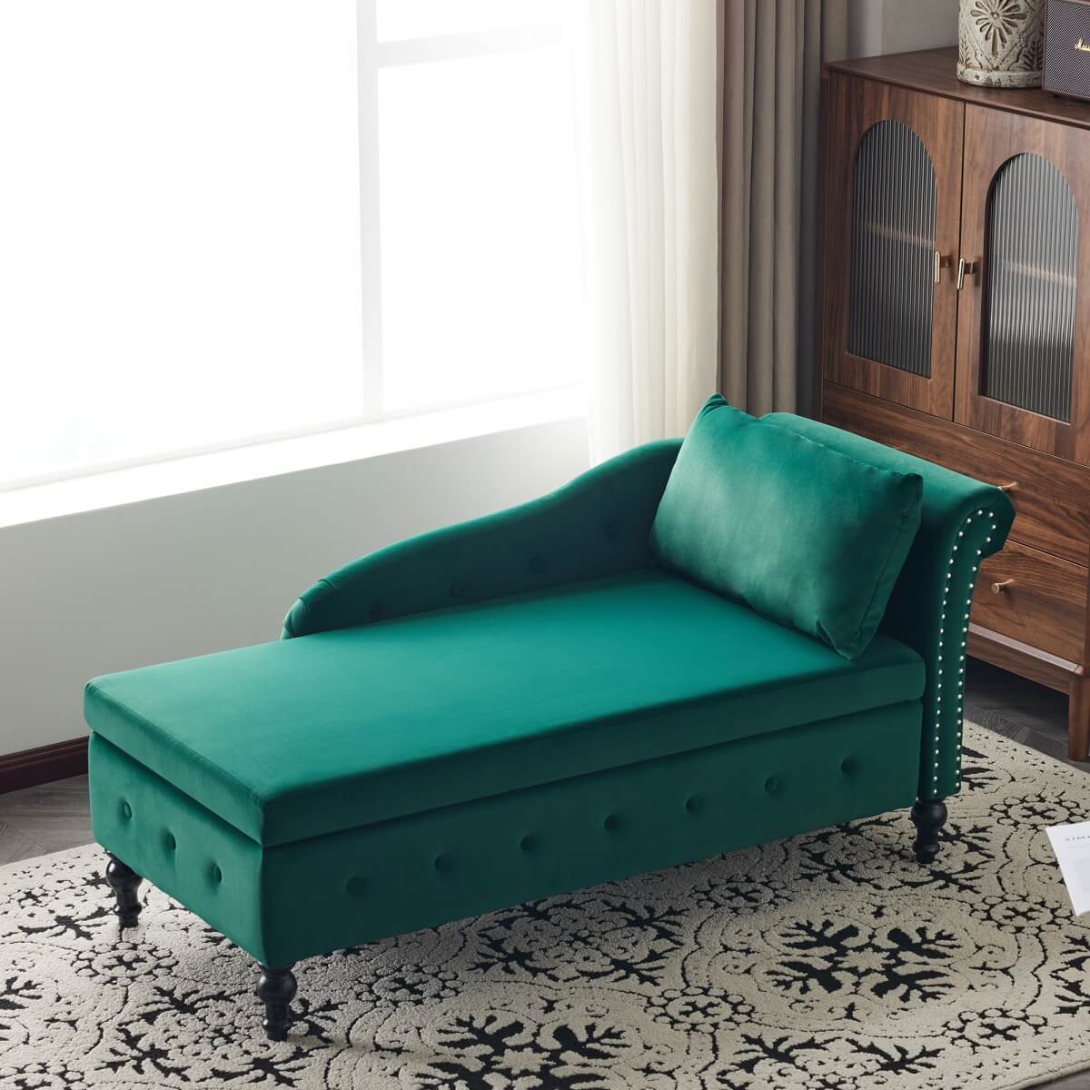 Velvet Chaise Lounge with Storage - Tufted Upholstered Sofa, Right Armrest, Green