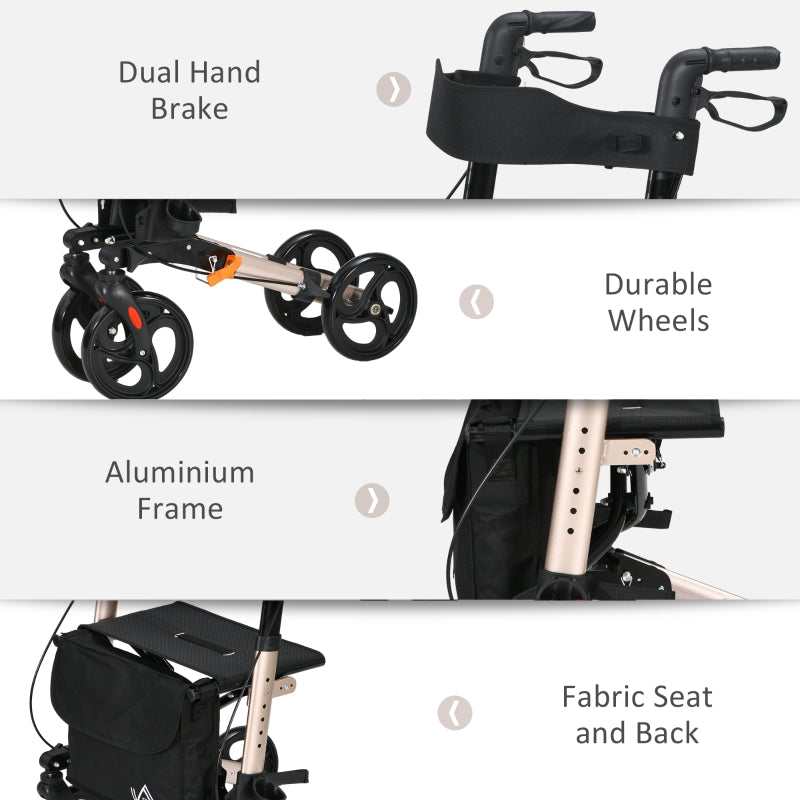 4 Wheel Rollator, Folding Mobility Walker with Seat and Brakes, Lightweight Aluminium, Gold Tone
