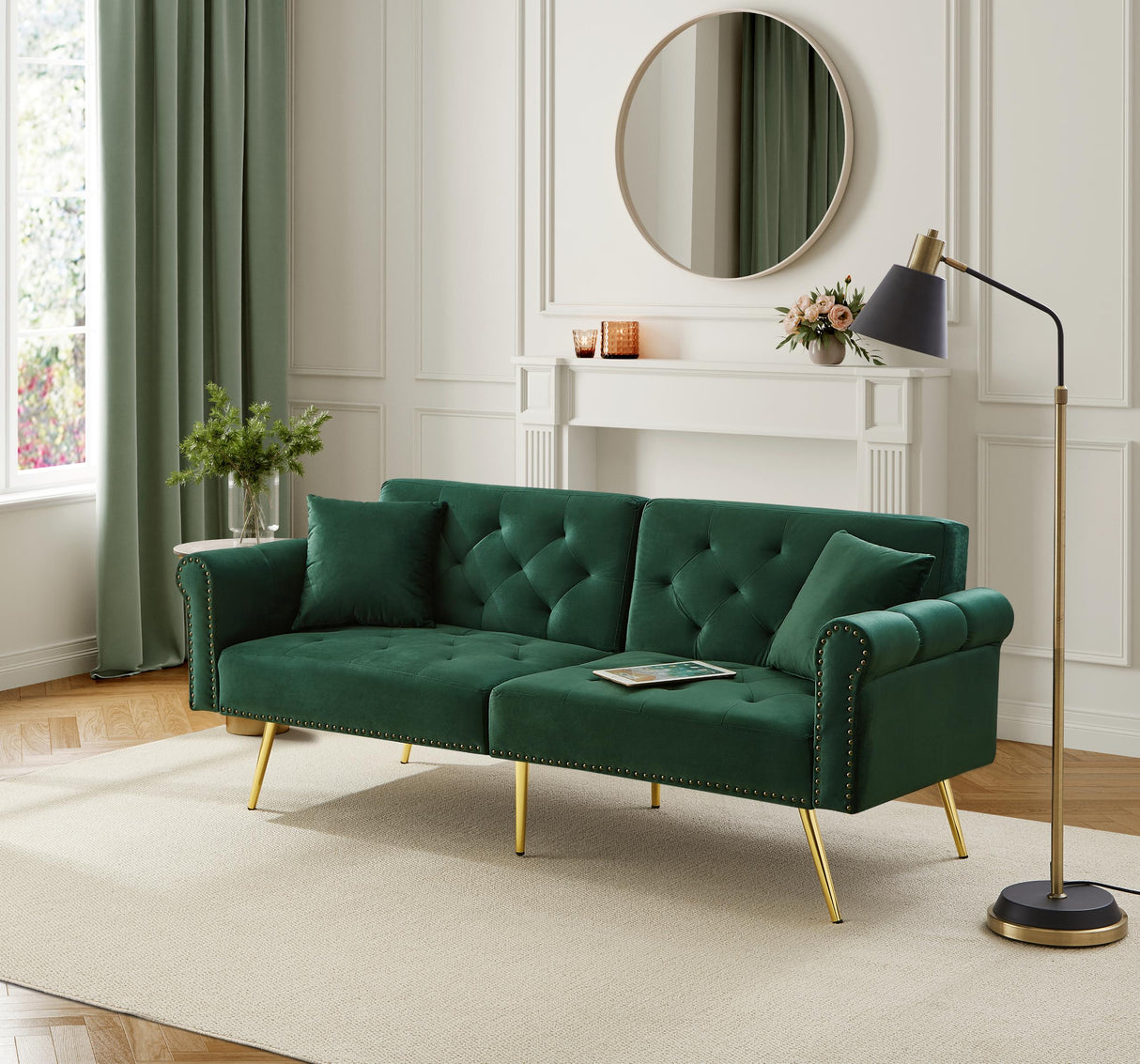 Modern 2-Seater Sofa Bed with 3-Stage Adjustable Backrest, Velvet Upholstery Green