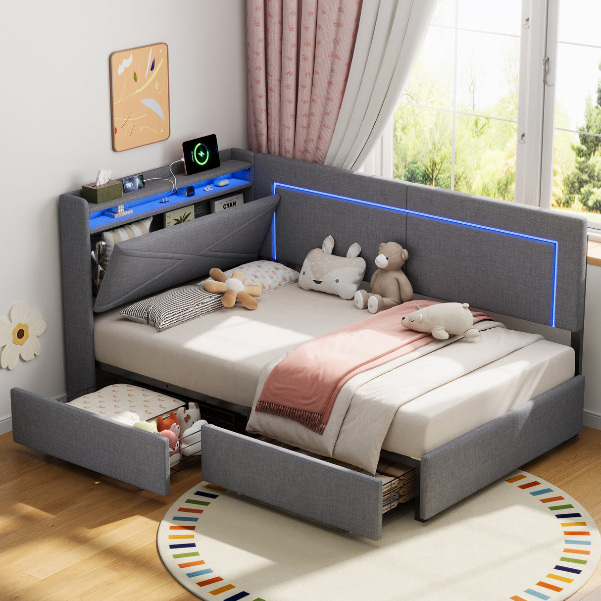 3ft Single Daybed with Two Storage Drawers, LED Concealed Headboard Storage with Charging Station, Modern Linen Sofa Bed for Living Room/ Bedroom/ Study Room, 90X190cm, Grey (No Mattress)