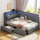 3ft Single Daybed with Two Storage Drawers, LED Concealed Headboard Storage with Charging Station, Modern Linen Sofa Bed for Living Room/ Bedroom/ Study Room, 90X190cm, Grey (No Mattress)