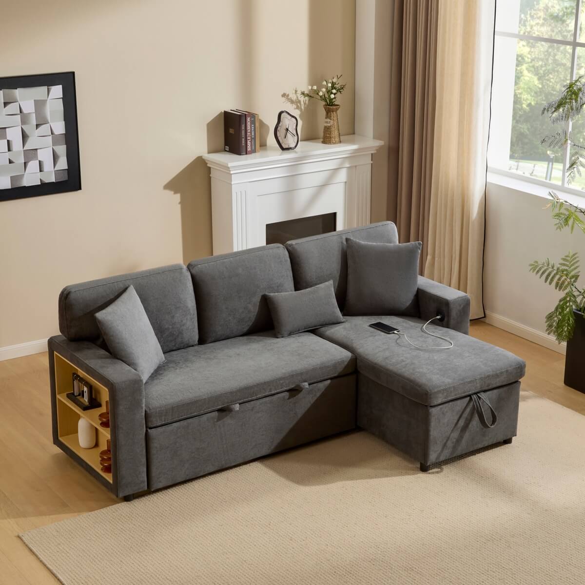 3 Seater L-Shaped Sofa Bed – Pull-Out Corner Couch with Open Storage, Bed Box and Shelf