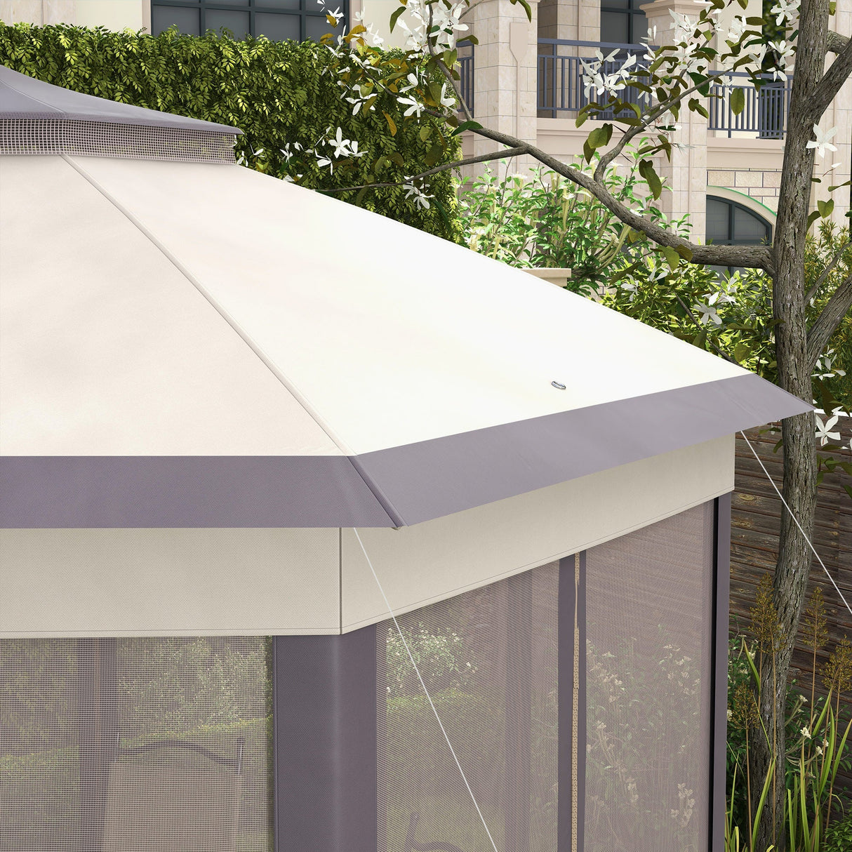 Garden Gazebo Hexagon Pop Up Tent Double Roof Instant Shelter with Netting, Beige