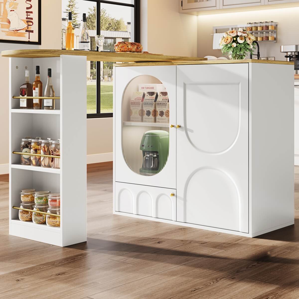 Modern Swivel Bar Table with Storage - White Rotating Kitchen Island with Shelves and 2 Doors