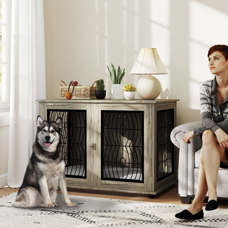 PawHut Indoor Dog Crate Furniture End Table with Cushion, Lockable Door, for Extra Large Dogs - Grey