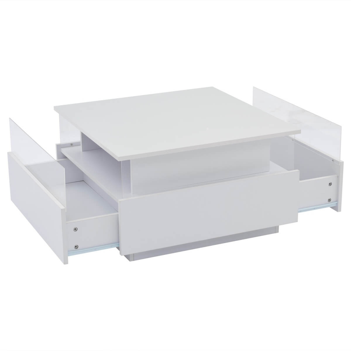 LED Coffee Table with Storage - Square Design, 2 Sliding Drawers, White