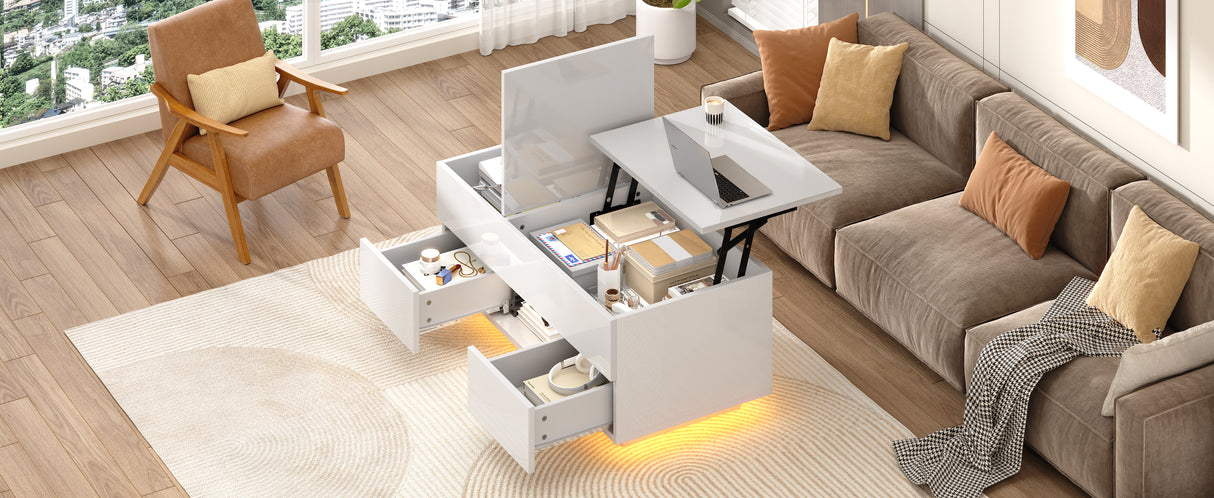 Lift-Top Coffee Table, High Gloss Centre Table with 2 drawers & LED lights, Lifting Sofa Side Table, Space-saving End Table,Tea Table,for Living Room, Office