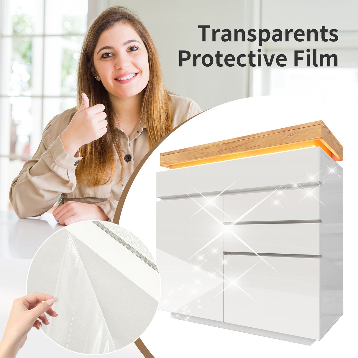 Chest of Drawers, High-Gloss Sideboard Cabinet with 2 Doors & 3 Drawers, RGB LED Storage, Multi-purpose, White