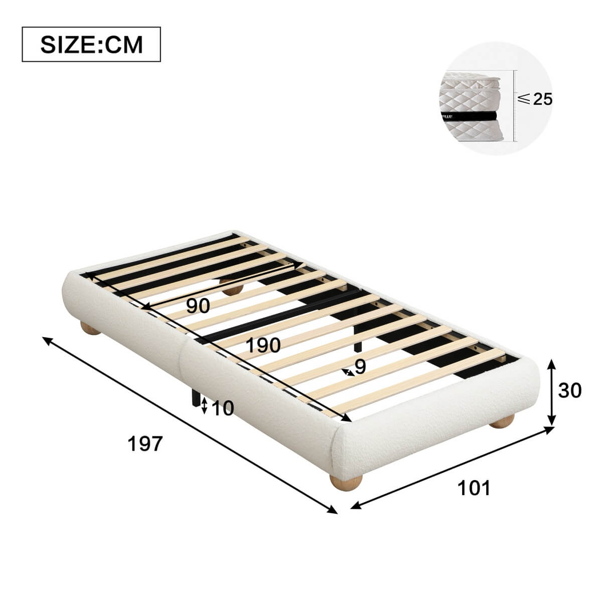 3ft Single Upholstered Bed Frame – Beige Boucle Bed with Sturdy Slats, 90×190cm