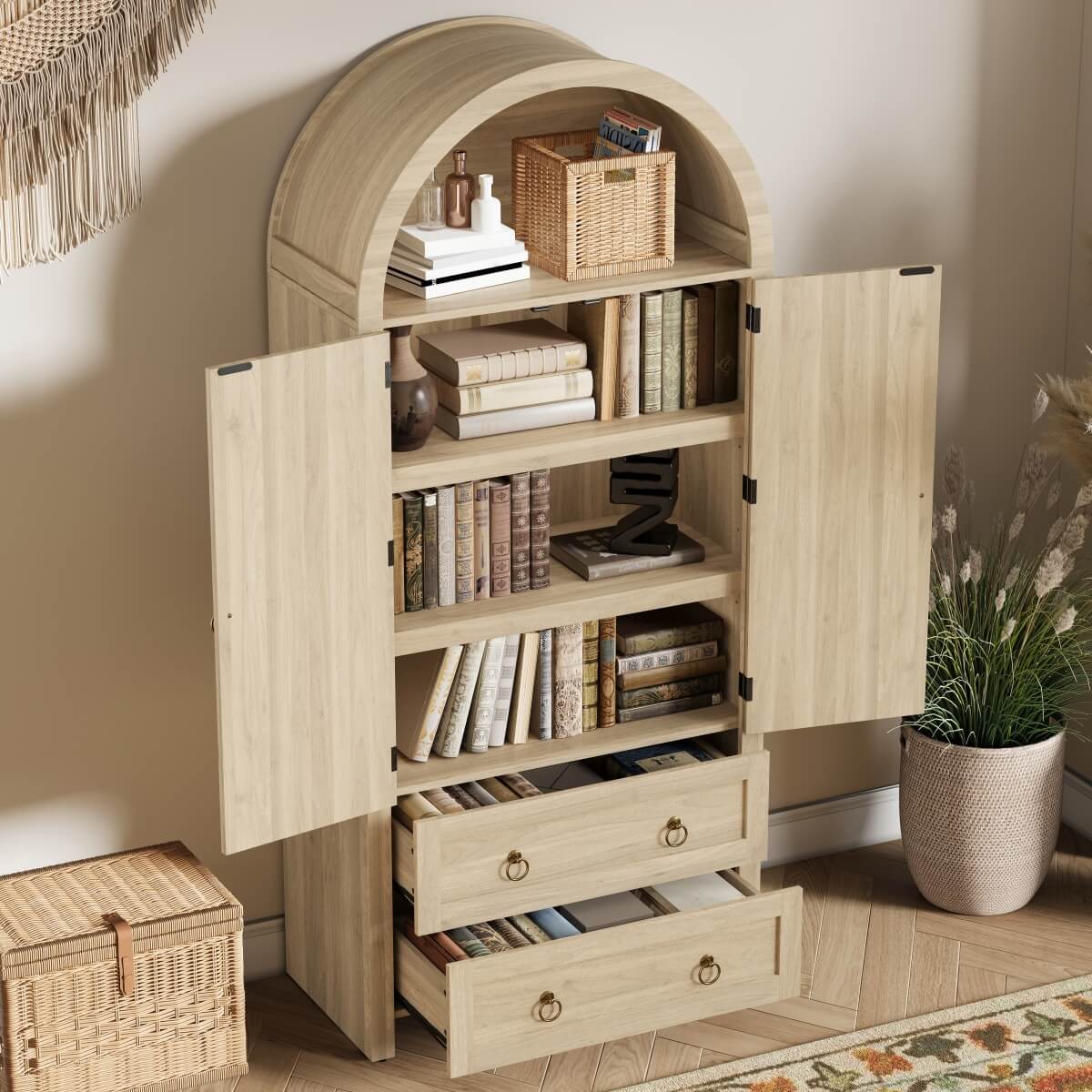 Rattan Effect Sideboard with 2 Drawers - Vintage Storage Cabinet with Arched Design for Living Room and Bedroom, Oak