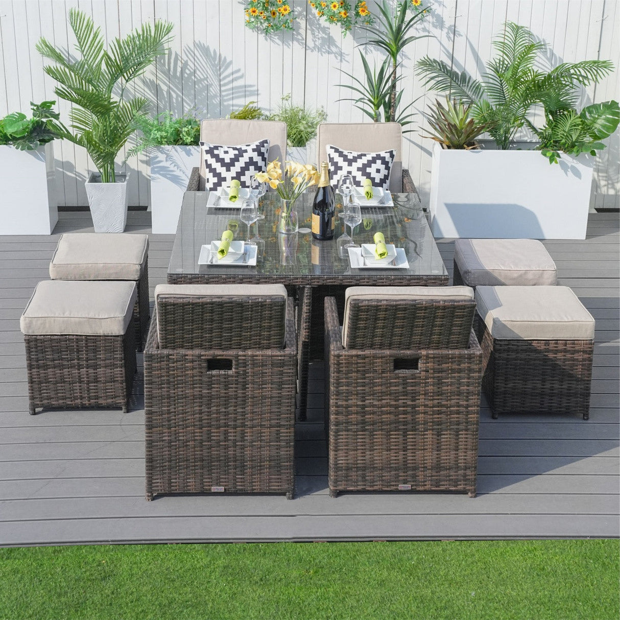 8 Seater Aluminium Rattan Dining Set – Outdoor Garden Table with 4 Chairs and 4 Footstools