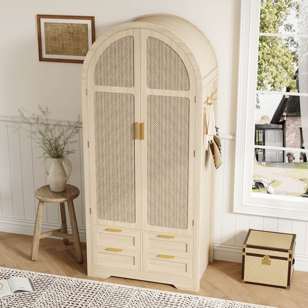 Modern Wardrobe with Curved Doors - Bedroom Storage Cabinet with Hanging Rail and Drawers, Oak