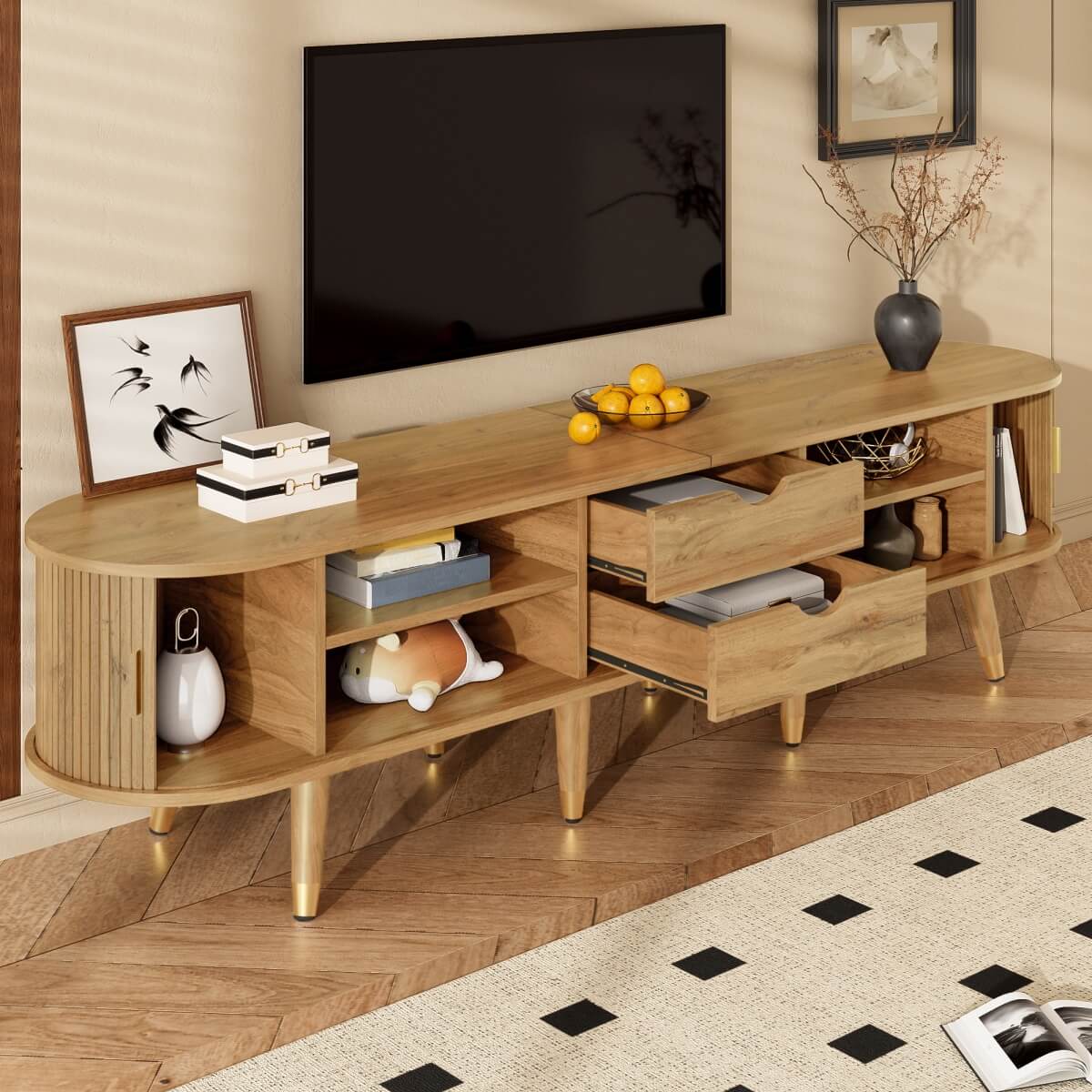 Modern TV Cabinet with Sliding Doors - Low TV Stand with Unique Design & Storage