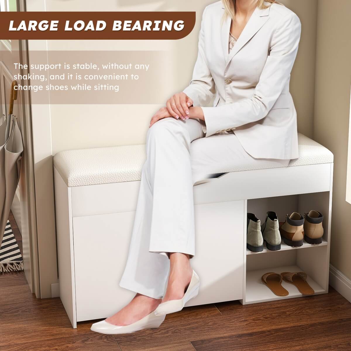 Entryway Shoe Storage Bench - 3-Tier Flip-Up Drawers and Hidden Cabinet, Space-Saving Design, White