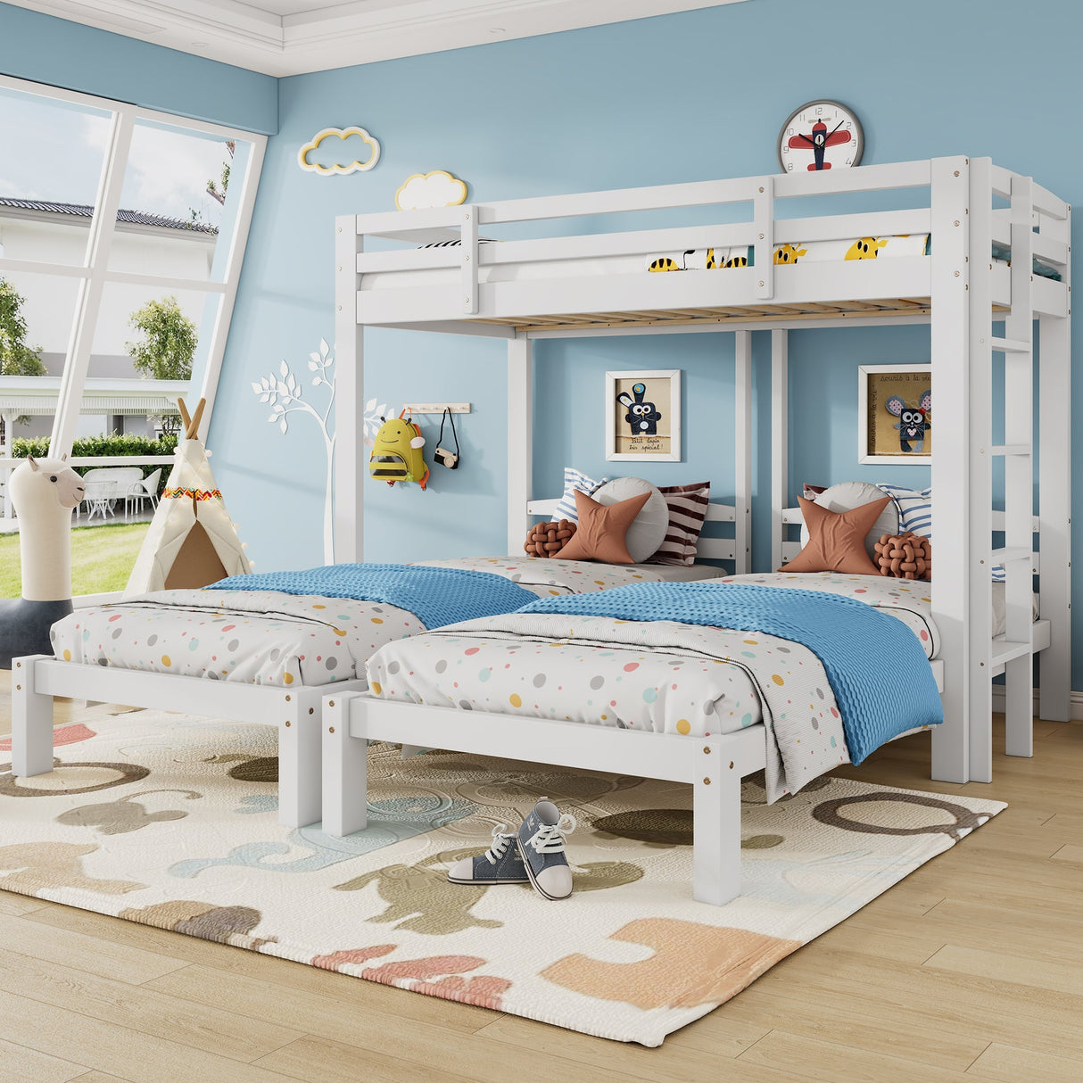 3ft Triple Sleeper Bunk Bed with Side Ladder ¨C White Wooden Bed for Kids & Teens