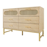 Rattan Sideboard Cabinet with 6 Drawers - Wooden Storage Cupboard for Living Room, Oak