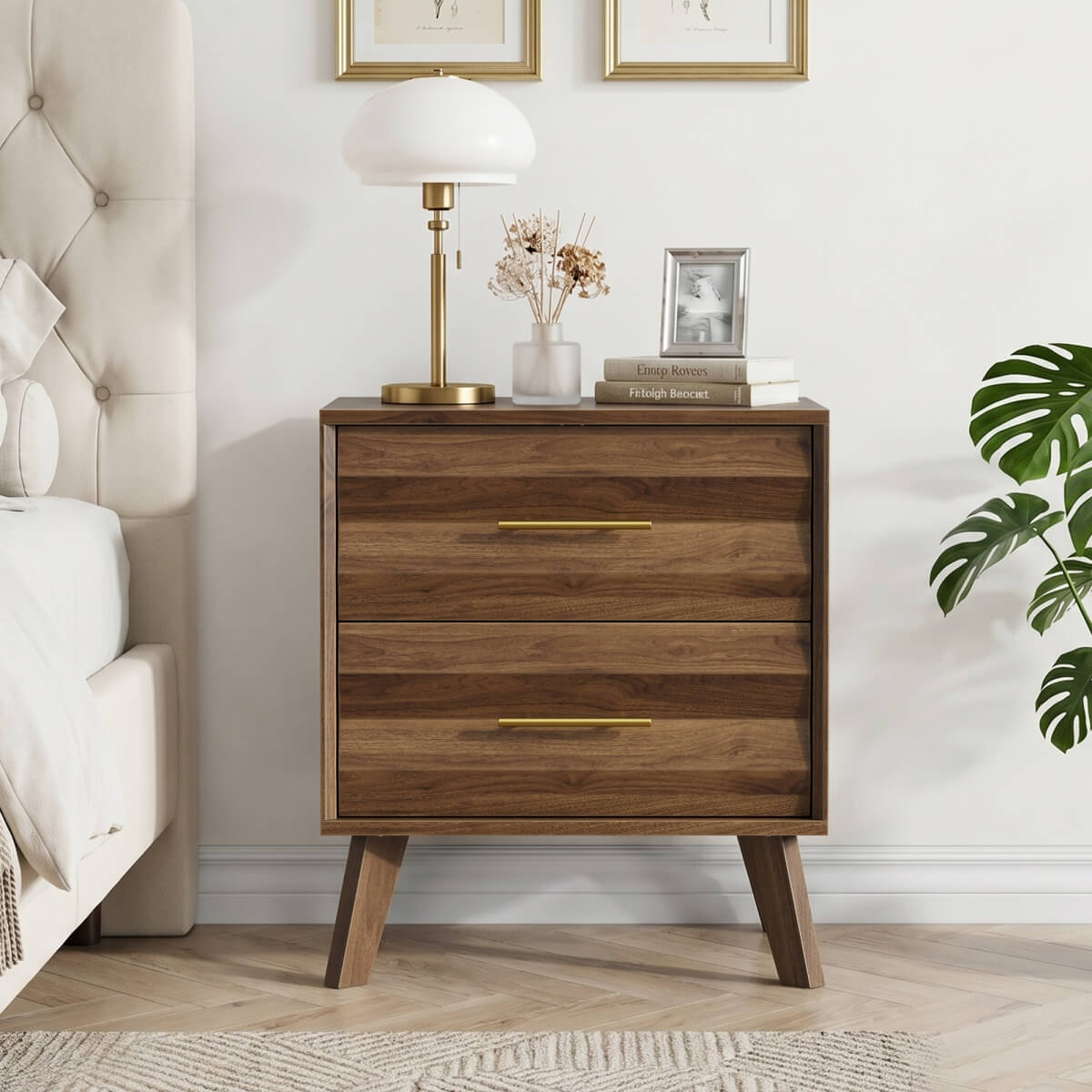 Single Bedside Table with 2 Drawers - Modern Bedroom Storage Cabinet with Metal Handles, Walnut Effect