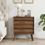 Single Bedside Table with 2 Drawers - Modern Bedroom Storage Cabinet with Metal Handles, Walnut Effect