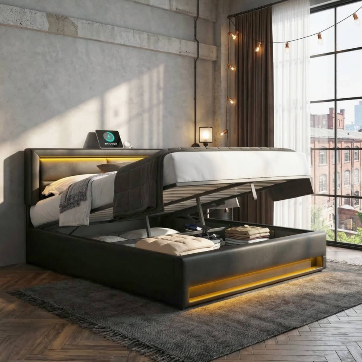 5ft King Size Upholstered LED Storage Bed - USB & Wireless Charging Bed Frame, Black