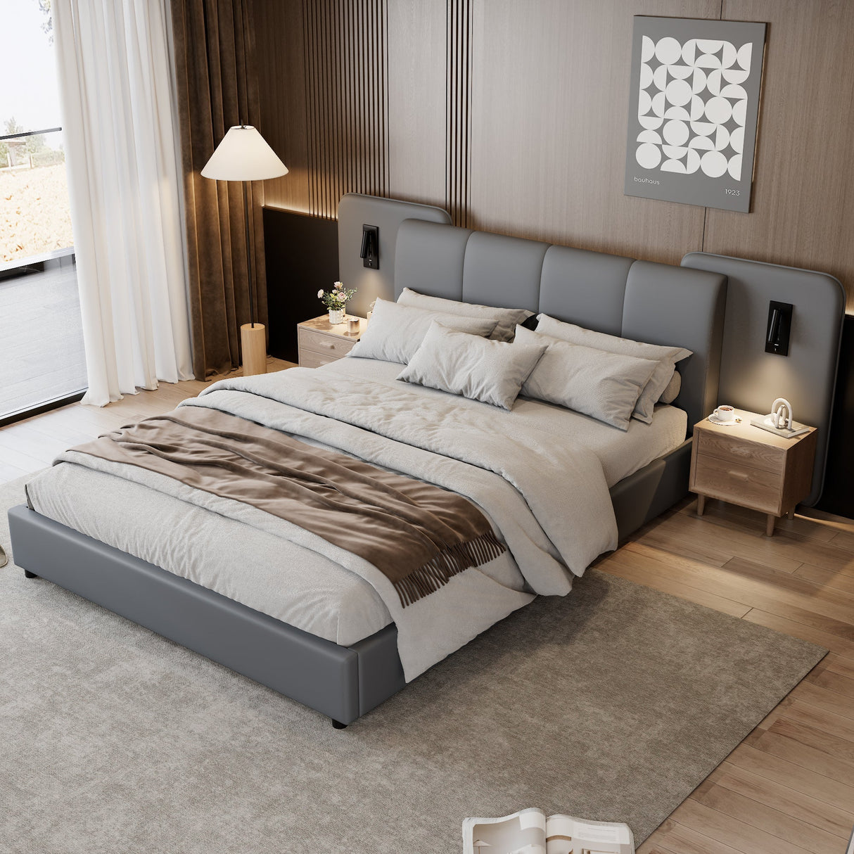 Upholstered Bed with Charging Port and Lighting, 4ft6 Double, Soft Sponge Headboard, Anti-collision Filling, Grey PU + Plywood