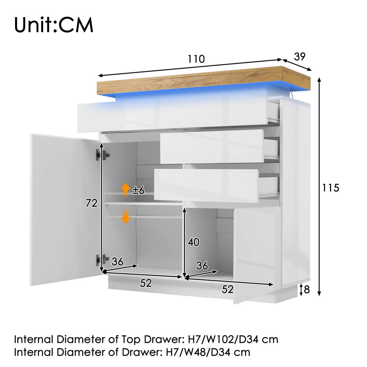 High Gloss Sideboard Cabinet with 2 Doors & 3 Drawers - RGB LED Storage Chest of Drawers for Living Room & Bedroom, White