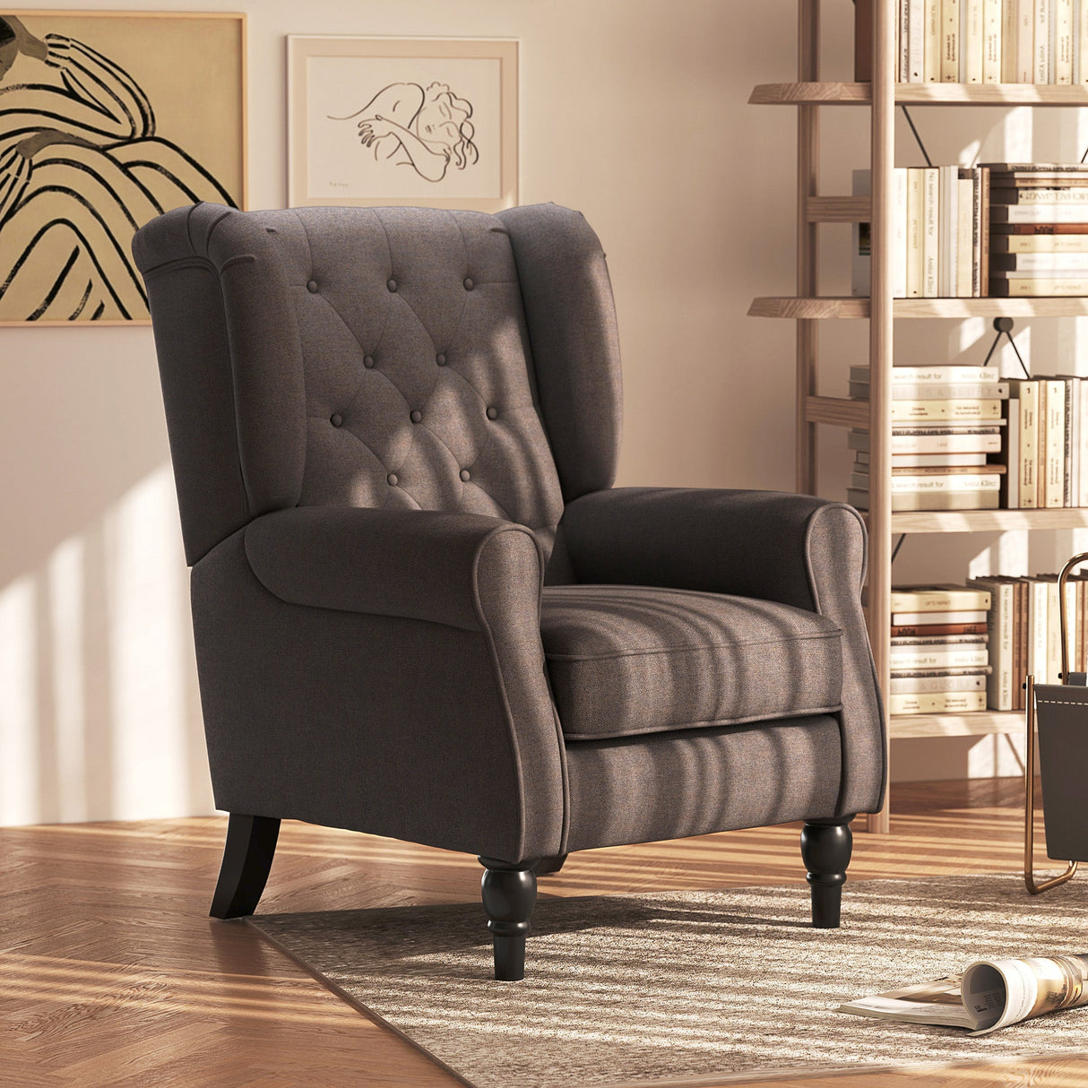 Wingback Accent Chair, Upholstered Button Tufted Occasional Chair, Brown
