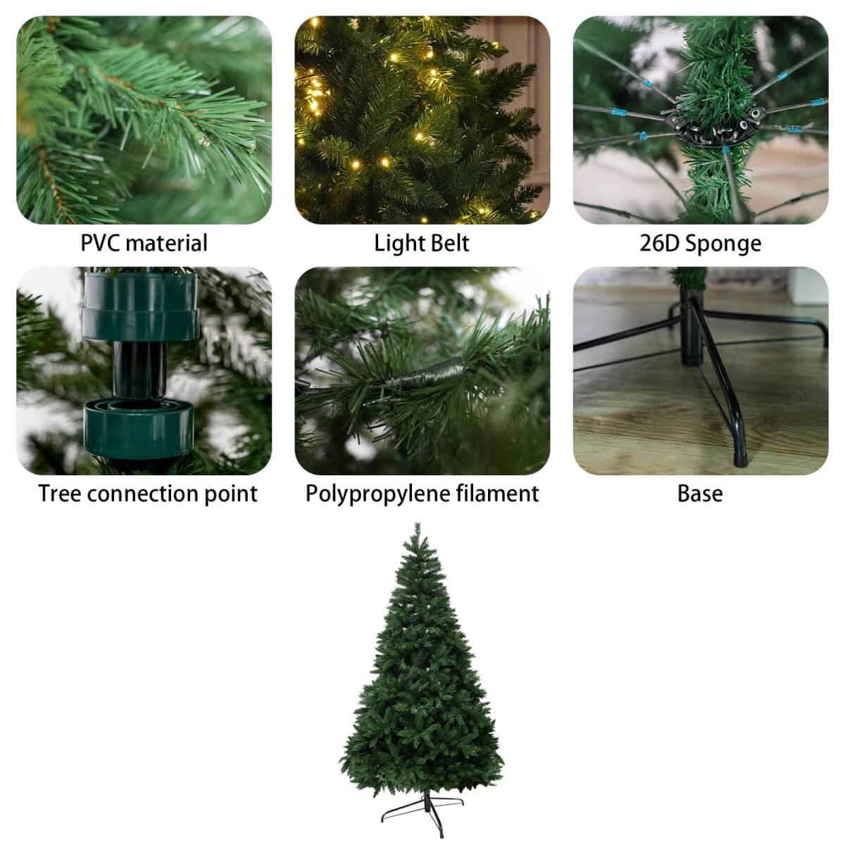 Artificial Christmas Tree with Colour LED Lights ¨C Realistic PVC Xmas Tree, Pre-Lit, 6ft & 7ft, Metal Stand