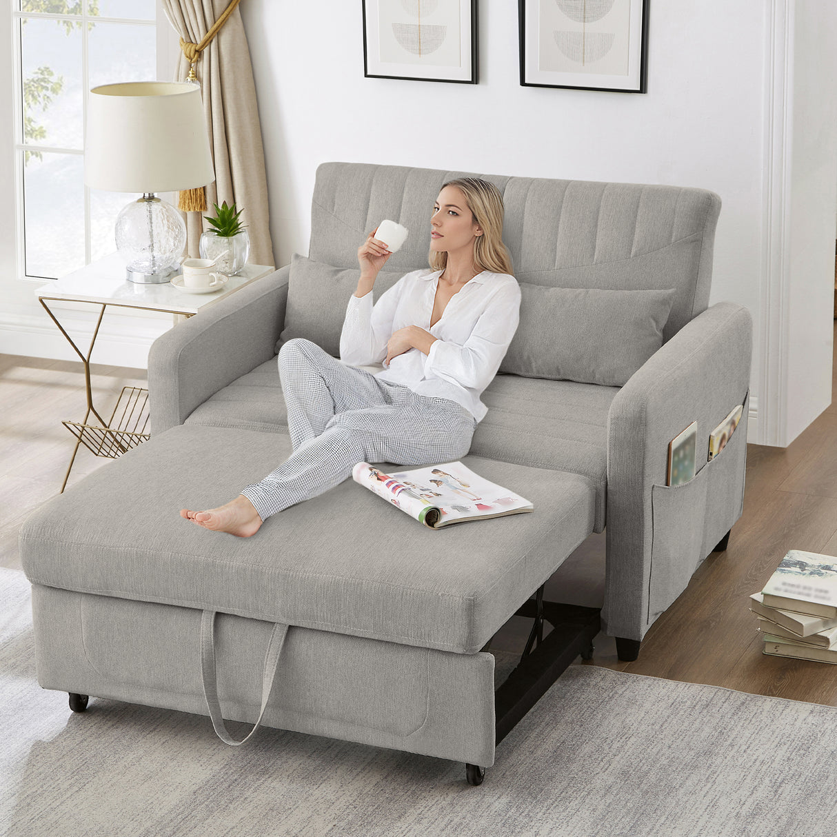 [Sofa Bed with Sleeping Function] Two-Seater Fold-Out Sofa, Pull-Out Design, Simple and Modern, Contemporary Style, Three-Level Adjustable Backrest, Breathable Cotton-Linen Fabric
