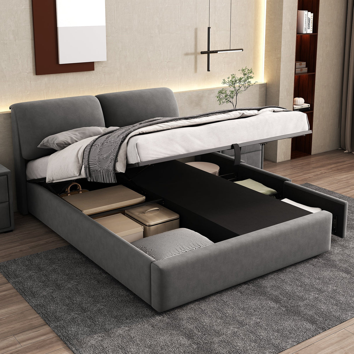 Upholstered Bed, Double 4ft6 (135x190cm) Hydraulic with Three Drawers, Storage Box & Slatted Frame, Velvet Grey