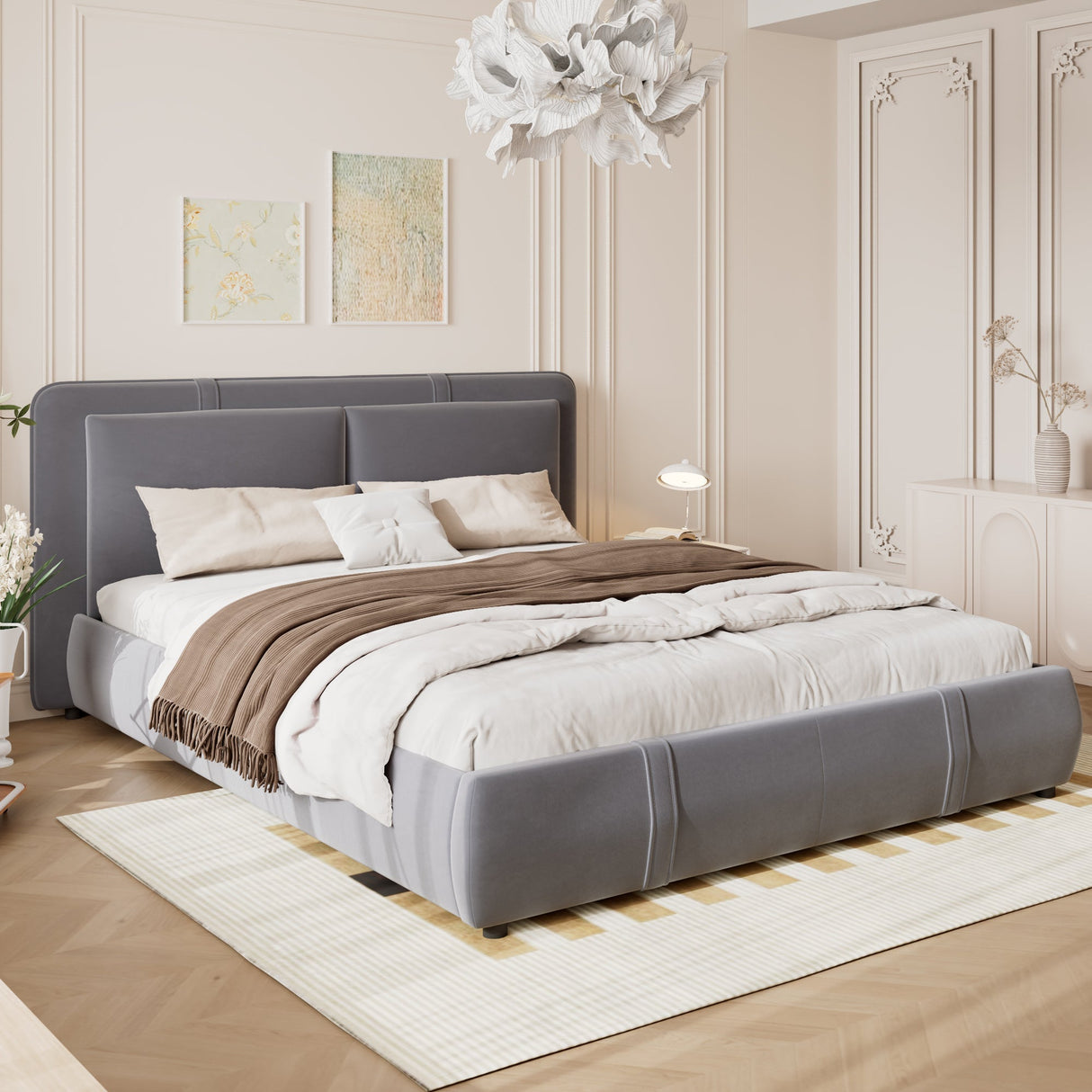 Upholstered Bed, Hydraulic Storage Function, 4ft6 Double 135x190cm, Removable Headboard, Velvet + Plywood, Grey