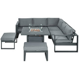 6-Piece Aluminium Garden Furniture Set, Fire Pit Table Outdoor Sofa with Cushions, Grey
