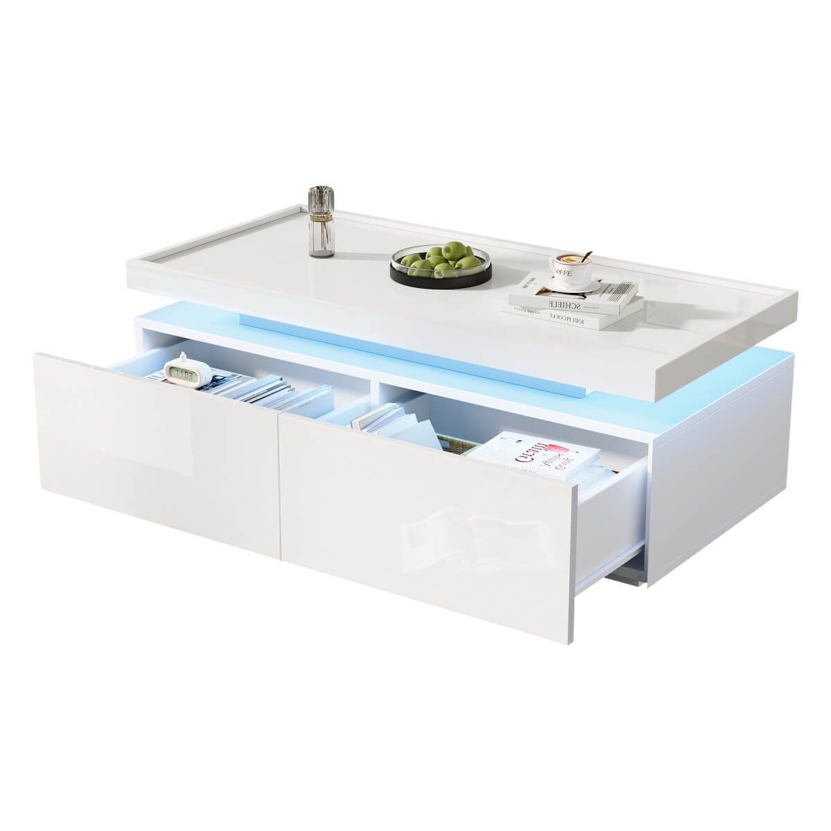 High Gloss Coffee Table with LED Lights - Modern White Storage Table with 2 Drawers