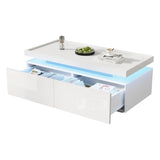 High Gloss Coffee Table with LED Lights - Modern White Storage Table with 2 Drawers