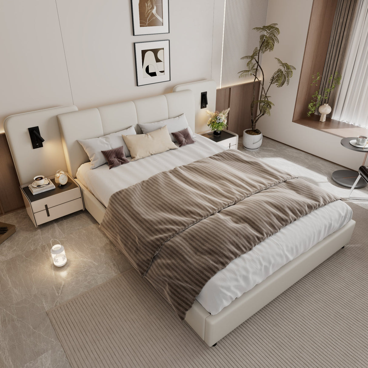 Upholstered Bed with Charging Port and Lighting, 4ft6 Double 135x190cm, Soft Sponge Headboard Backrest, Anti-collision Sponge Filling, PU + Plywood, Beige