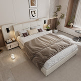 Upholstered Bed with Charging Port and Lighting, 4ft6 Double 135x190cm, Soft Sponge Headboard Backrest, Anti-collision Sponge Filling, PU + Plywood, Beige