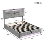 4ft6 Double Velvet Ottoman Bed - LED Storage Bed Frame with 7 Colour Lights, Grey