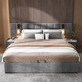 4ft6 Double Velvet Ottoman Storage Bed with USB Charging & Reading Light - Wide Headboard, Grey