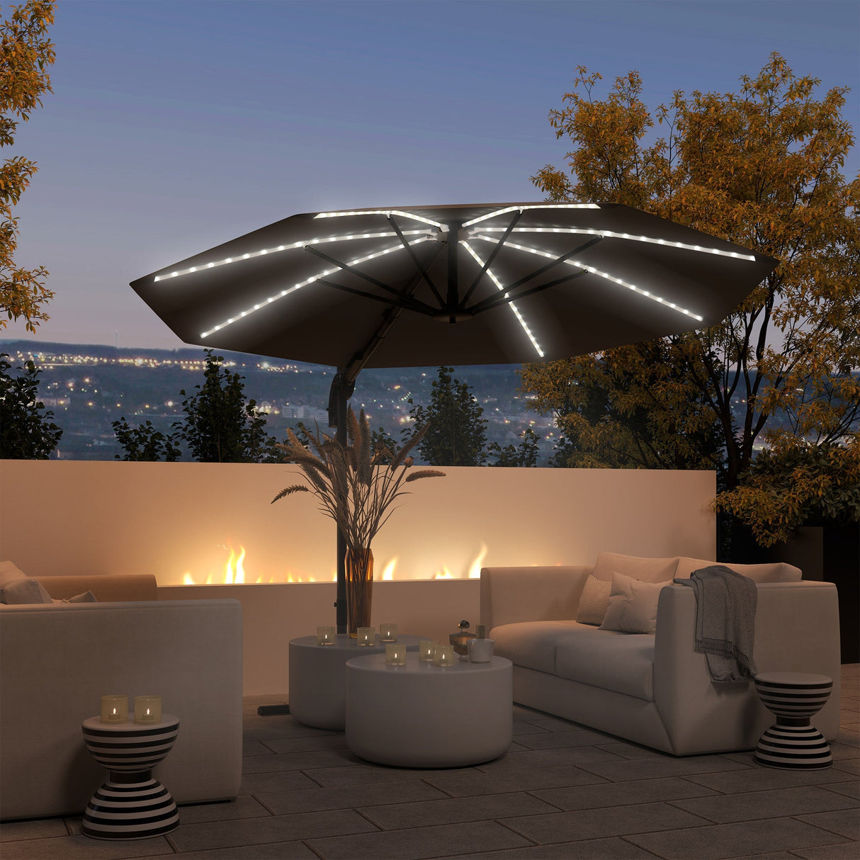 Cantilever Garden Parasol, Solar Powered Lights, Crank Handle, Cross Base, UPF 50+, 360?? Rotation, Dark Grey