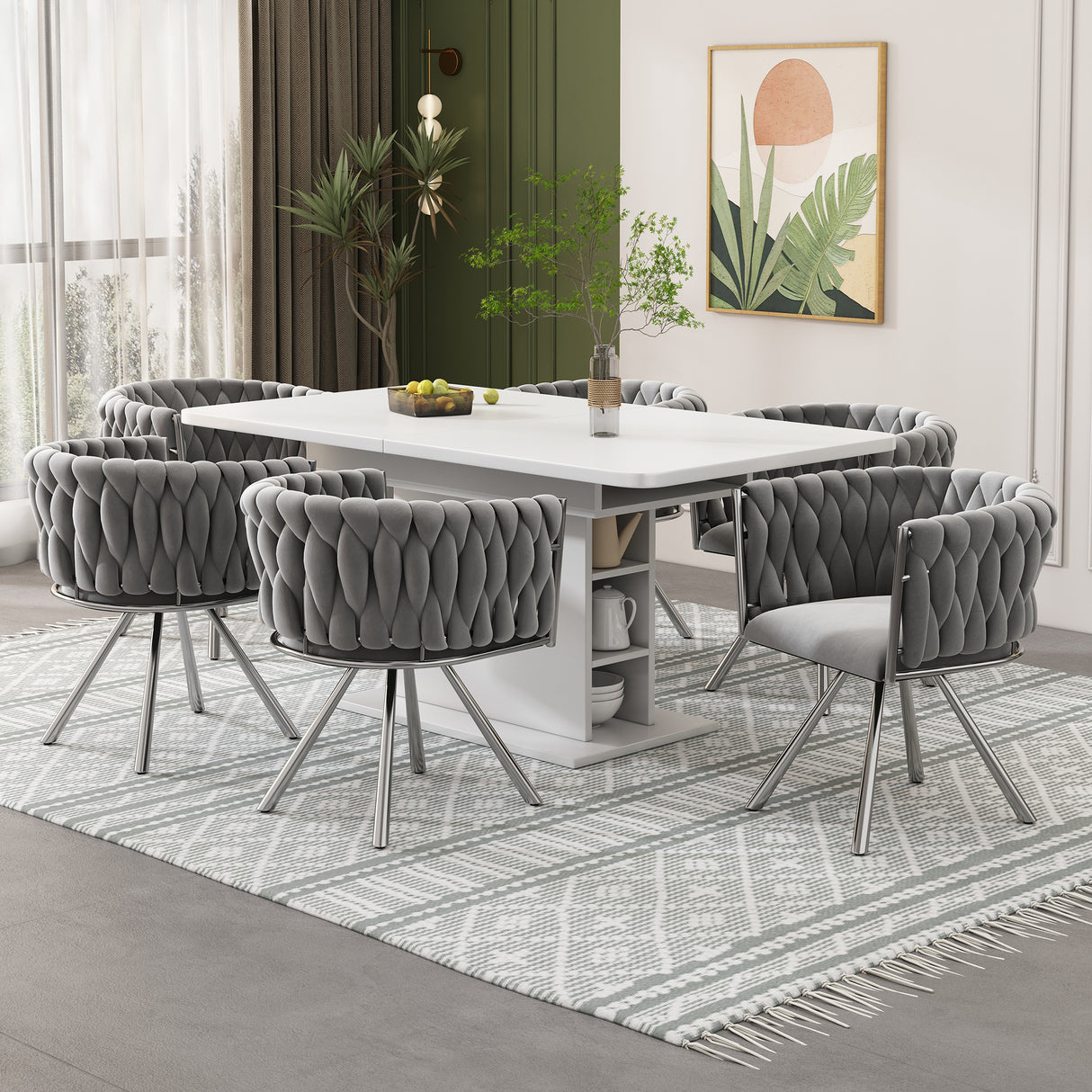 Set of 2, velvet dining chair, single light luxury living room bedroom swivel chair, Leisure swivel chair with four metal support legs, grey+silver